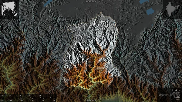 Sikkim Delstaten Indien Färgad Lättnad Med Sjöar Och Floder Form — Stockfoto