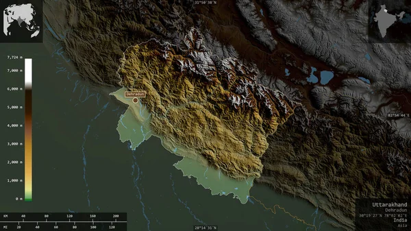 Uttarakhand Estado India Datos Sombreado Colores Con Lagos Ríos Forma — Foto de Stock