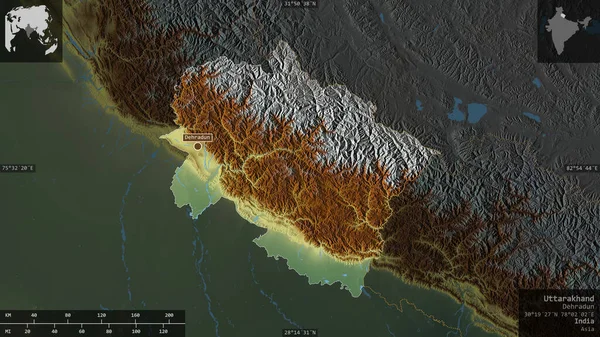 Уттаракханд Штат Індія Кольоровий Рельєф Озерами Річками Форма Представлена Проти — стокове фото