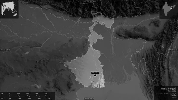 Bengala Occidental Estado India Mapa Escala Grises Con Lagos Ríos — Foto de Stock