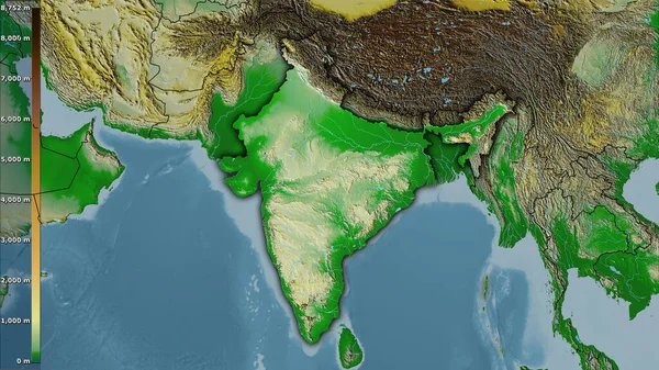 图上有图例的立体投影中的印度地区的物理地图 深色发光轮廓的栅格层的原始组成 — 图库照片