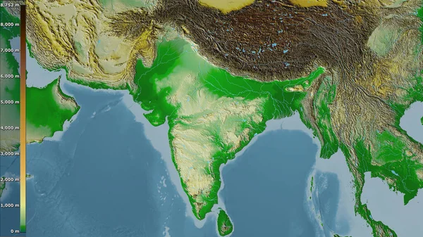 在印度地区内的立体投影实景图 带有图例 栅格层的原始组成 — 图库照片