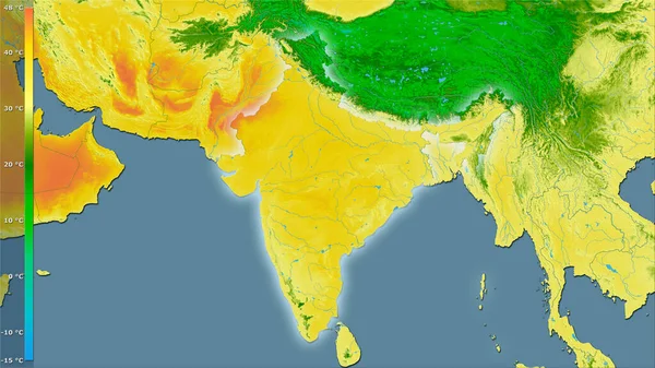 伝説のある立体投影でインドエリア内で最も暖かい月の最高温度 光輝く輪郭を持つラスター層の生の組成 — ストック写真