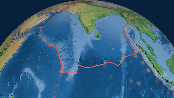 Indische Tektonische Platte Umrissen Auf Dem Globus Topographische Karte Der — Stockfoto