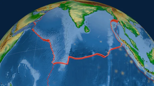 Indiska Tektoniska Plåtar Utstötta Jordklotet Färg Fysisk Karta Rendering — Stockfoto