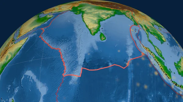 Indiska Tektoniska Plattan Skisseras Jorden Färg Fysisk Karta Rendering — Stockfoto