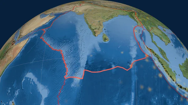 Indische Tektonische Platte Umrissen Auf Dem Globus Satellitenbilder Rendering — Stockfoto