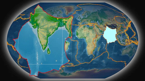 Indyjska Płyta Tektoniczna Wytłaczana Prezentowana Globalnej Mapie Fizycznej Koloru Projekcji — Zdjęcie stockowe