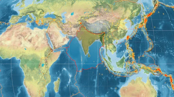 インドの地殻プレートは カヴァライスキー プロジェクションの世界地形図で概説されています 3Dレンダリング — ストック写真