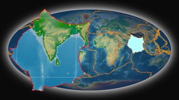Indyjska Płyta Tektoniczna Wytłaczana Prezentowana Globalnej Mapie Fizycznej Koloru Projekcji — Zdjęcie stockowe