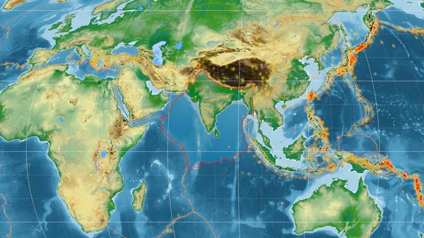 Indiska Tektoniska Platta Skisseras Den Globala Färg Fysisk Karta Mollweide — Stockfoto