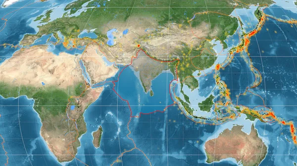 Indiska Tektoniska Platta Skisseras Den Globala Satellitbilder Mollweide Projektion Rendering — Stockfoto