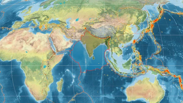 インドの地殻プレートは 軟体動物の投影における地球規模の地形図上で概説されました 3Dレンダリング — ストック写真