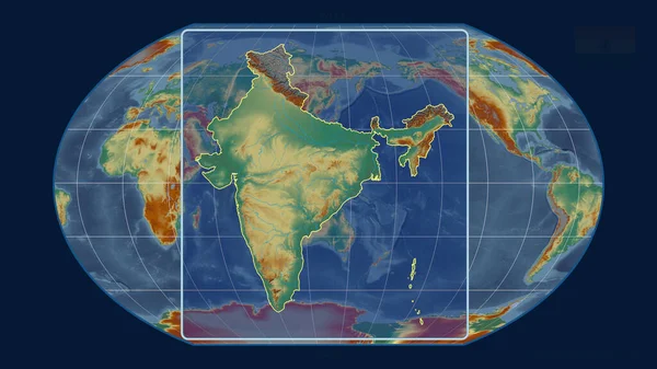 Zoomed-in view of India outline with perspective lines against a global map in the Kavrayskiy projection. Shape centered. topographic relief map