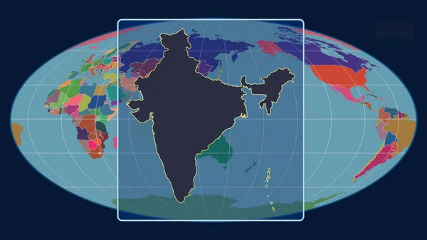 インドのアウトラインを視野線で拡大し Mollweide予測の世界地図に対して 形を中心に 行政区画のカラーマップ — ストック写真