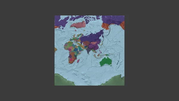 インドの領土を中心に斜めのヴァン グリンテン投影で世界の大規模な地図の正方形のフレーム 行政庁のカラーマップ — ストック写真