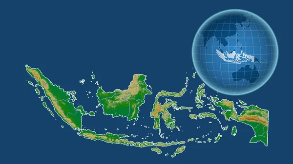 Indonezja Globus Kształcie Kraju Powiększonej Mapie Odizolowanym Zarysem Niebieskim Tle — Zdjęcie stockowe
