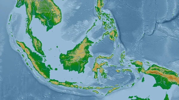 Indonezja Zbliżenie Perspektywy Kraju Bez Zarysu Kolor Mapa Fizyczna — Zdjęcie stockowe