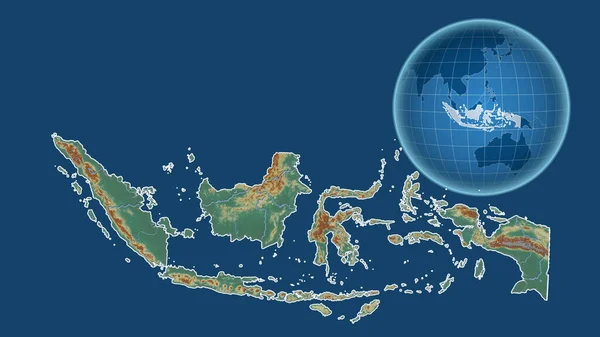 Indonesia Globe Dengan Bentuk Negara Terhadap Peta Zoom Dengan Garis — Stok Foto