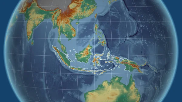 Indonézia Szomszédság Távoli Perspektíva Ország Körvonalaival Topográfiai Domborzati Térkép — Stock Fotó