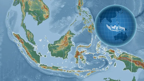 インドネシア アウトラインを持つ拡大地図に対して国の形を持つグローブ 地形図によると — ストック写真