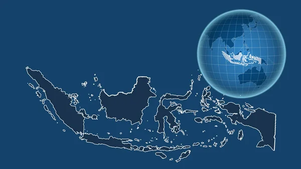 인도네시아 지도의 윤곽이 배경에 고립되어 나라의 지도와 대조되는 모양을 지구본 — 스톡 사진