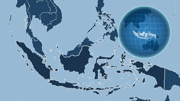 Індонезія Глобус Формі Країни Проти Масштабованої Карти Контуром Тільки Суша — стокове фото