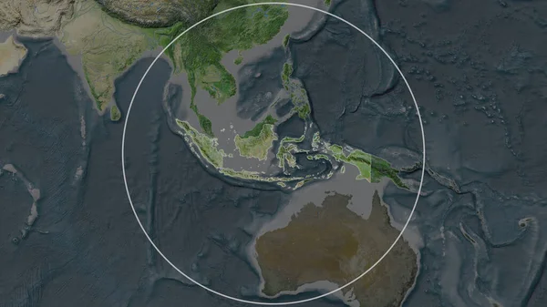 印度尼西亚扩大了的地区 在其邻近地区的背景下被一个圆圈所环绕 卫星图像 — 图库照片
