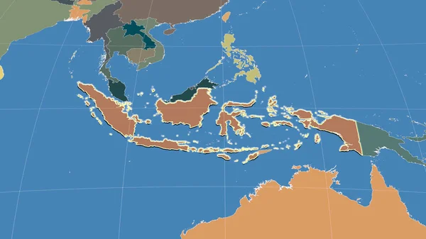 Indonezja Jej Okolice Daleka Perspektywa Ukośna Zarysowany Kształt Kolorowa Mapa — Zdjęcie stockowe