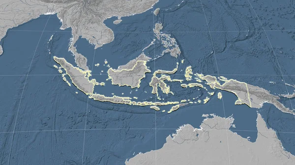 Indonezja Jej Okolice Daleka Perspektywa Ukośna Zarysowany Kształt Mapa Elewacji — Zdjęcie stockowe