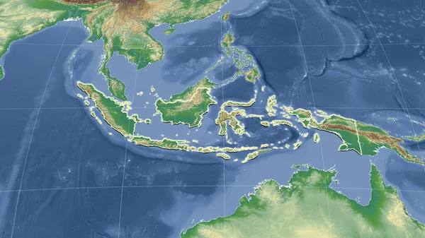 印度尼西亚及其邻国 远斜透视 轮廓轮廓 彩色物理图 — 图库照片