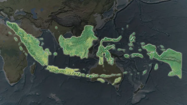 Indonesia Area Enlarged Glowed Darkened Background Its Surroundings Topographic Map — Stock Photo, Image