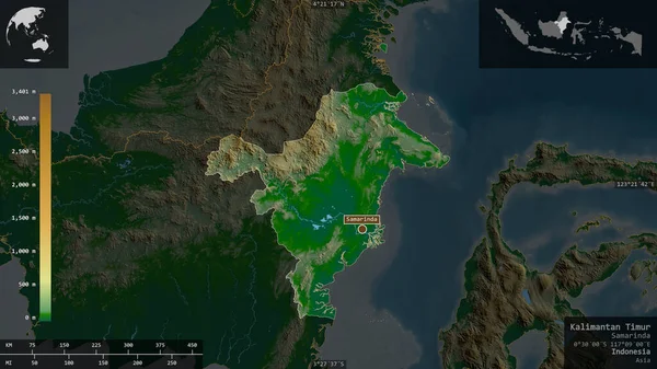 Kalimantan Timur Provincia Indonesia Datos Sombreado Colores Con Lagos Ríos — Foto de Stock