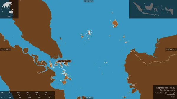 Kepulauan Riau 印度尼西亚省 有湖泊和河流的花纹固体 以信息覆盖的形式呈现在其国家区域上 3D渲染 — 图库照片