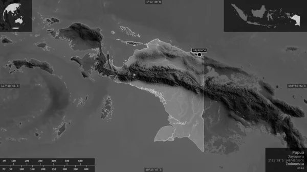 Papua Provincia Indonesia Mapa Escala Grises Con Lagos Ríos Forma — Foto de Stock