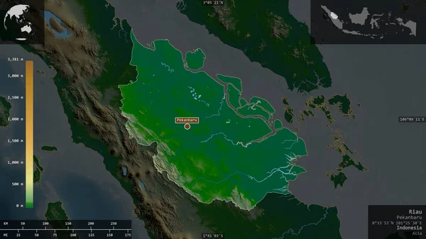 Riau Provincia Indonesia Datos Sombreado Colores Con Lagos Ríos Forma — Foto de Stock