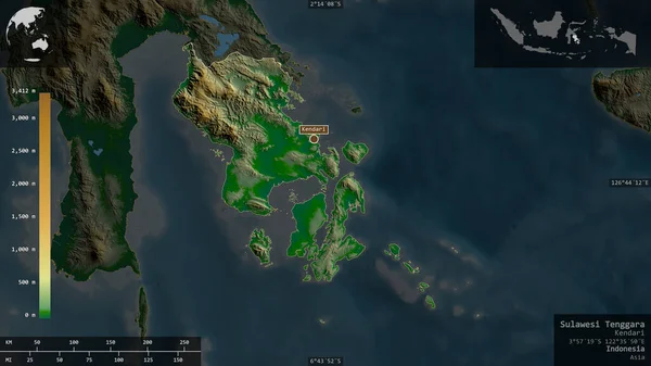 Sulawesi Tenggara Provinsen Indonesien Färgade Skuggdata Med Sjöar Och Floder — Stockfoto