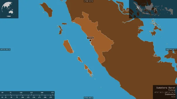 Sumatera Barat Province Indonesia 有湖泊和河流的花纹固体 以信息覆盖的形式呈现在其国家区域上 3D渲染 — 图库照片