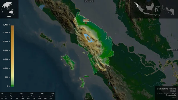 Sumatera Utara Provincia Indonesia Datos Sombreado Colores Con Lagos Ríos — Foto de Stock