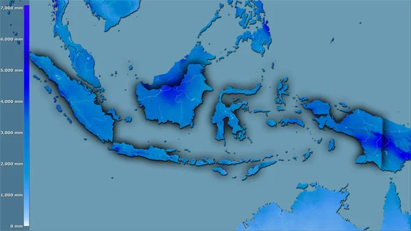 凡例付きの立体投影におけるインドネシアエリア内の年間降水量 暗い輝く輪郭を持つラスター層の生の組成 — ストック写真