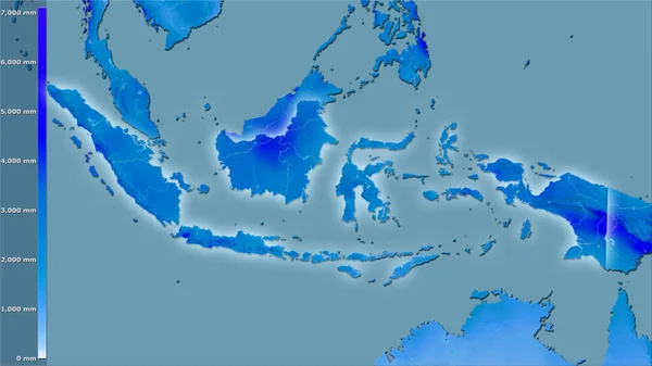 伝説のある立体投影におけるインドネシア地域内の年間降水量 光輝く輪郭を持つラスター層の生の組成 — ストック写真