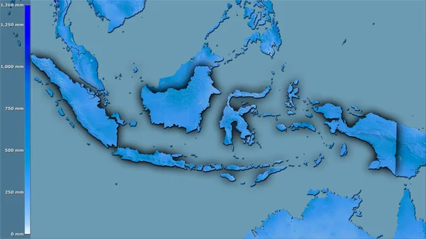 凡例付きの立体投影でインドネシアエリア内で最も雨の多い月の降水量 暗い輝く輪郭を持つラスター層の生の組成 — ストック写真