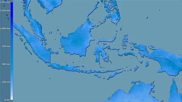 凡例と立体投影のインドネシアエリア内の最も雨の多い月の降水量 ラスター層の生の組成 — ストック写真
