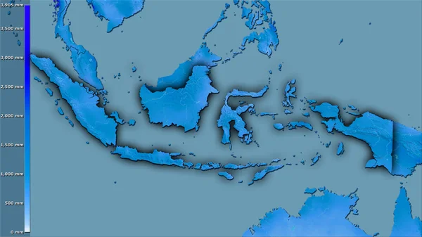 凡例付きの立体投影でインドネシアエリア内で最も雨の多い四半期の降水量 暗い輝く輪郭を持つラスター層の生の組成 — ストック写真
