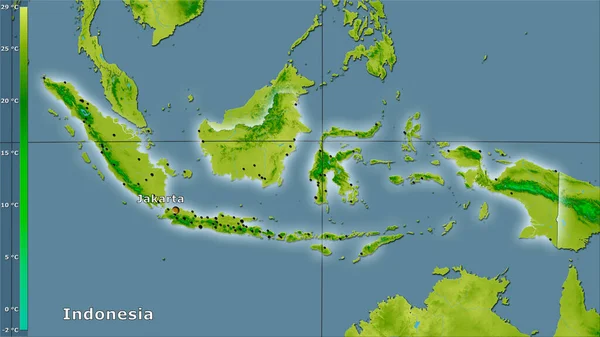 Temperatur Rata Rata Tahunan Wilayah Indonesia Dalam Proyeksi Stereografi Dengan — Stok Foto