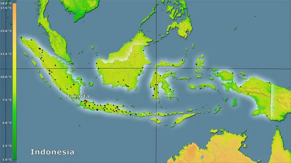 Gemiddelde Dagtemperatuur Variatie Binnen Indonesië Stereografische Projectie Met Legende Hoofdcompositie — Stockfoto