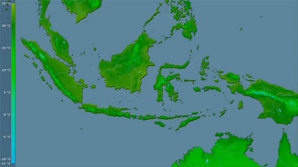 Suhu Minimum Bulan Terdingin Wilayah Indonesia Dalam Proyeksi Stereografi Dengan — Stok Foto
