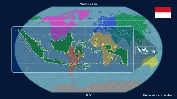 インドネシアのアウトラインを視野に入れ 世界地図に対する視点線をカヴァライスキー投影で拡大した 左側の形 大陸のカラーマップ — ストック写真