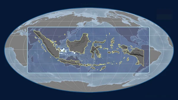 将印度尼西亚的轮廓放大 用透视线与莫尔维德投影中的全球地图相对照 形体中心 灰度高程图 — 图库照片