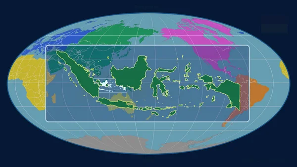 Přiblížený Pohled Indonésii Nastiňuje Perspektivou Linie Proti Globální Mapě Mollweide — Stock fotografie